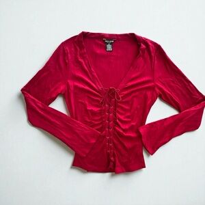 Guess Y2K Red v-neck Lace-Up Blouse long sleeves  Sz Small